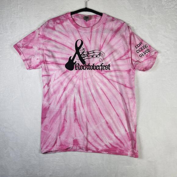 Rocktoberfest Pink Tie Dye Shirt M Gildan Heavy‎ Cotton Music Ribbon Guitar Tee - Picture 1 of 8